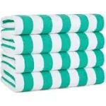 Arkwright California Cabana Stripe Beach Towel - Pack of 4 - Large Soft Quick Dry Cotton Terry Towels Set for Pool, Swim, and Hot Tub, Oversized 30 x 70 in, Green