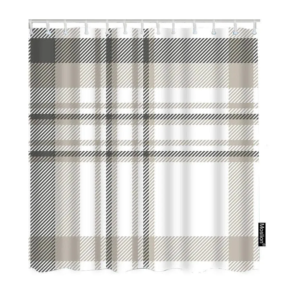 Plaid Shower Curtains 72x72 Inch Vintage Gingham Buffalo Dark Gray Light Taupe White Bathroom Shower Curtain Set Home Decorative Waterproof Polyester Fabric with Hooks