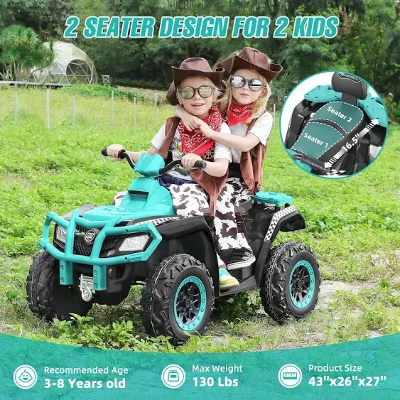 ELEMARA 2 Seater Kids ATV, 4 Wheeler Quad Electric Vehicle with 10AH Battery, 4mph Max Speed, 2 Charging Ports, LED Headlights, Music, Radio, 12V Battery Powered Ride on Car for Boys & Girls, Green