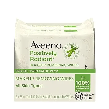 Aveeno Positively Radiant Makeup Removing Facial Wipes, 2 x 25Ct