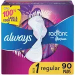 Always Radiant Feminine Pads for Women, Size 1 Regular Absorbency, with Flexfoam, with Wings, Light Clean Scent, 30 Count x 3 Packs (90 Count Total)