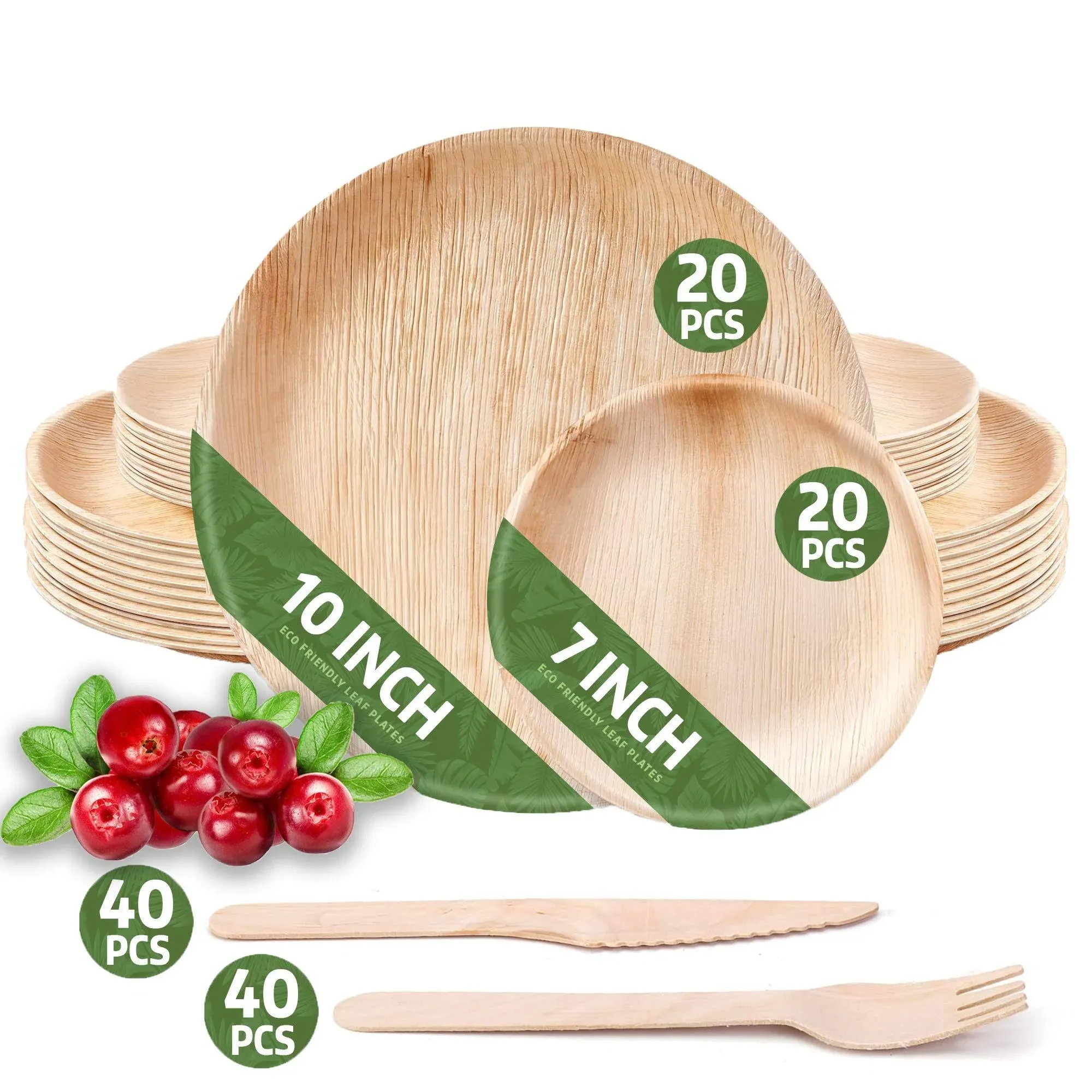 120 Pack Round Disposable Palm Leaf Plates Set - 40 Plates 7-10&#034; 40 Forks 40 ...