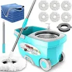 Tsmine Spin Mop Bucket System Stainless Steel Deluxe 360 Spinning Mop Bucket Floor Cleaning System with 6 Microfiber Replacement