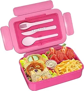 Bento Lunch Box for Kids, 4 Compartment Lunch Boxes Kids, Cutlery Storage Built-in Utensil Set, Leak-proof, Thicken, Microwave/Dishwasher/Freezer Safe, BPA-Free, Pink