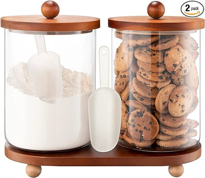 Set of 2 101OZ Glass Jars with Airtight Lids Canister Sets for Kitchen Counter Flour Glass Storage Containers with Wooden Lid and a Tray for Kitchen or Laundry Room