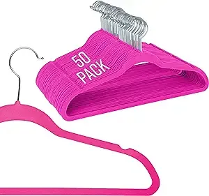 Simplify Slim Velvet Clothes Hangers | 50 Pack | Non-Slip | Shirts | Suit | Pants | Dresses | Garments | Closet Storage & Organization | Durable | Fuchsia