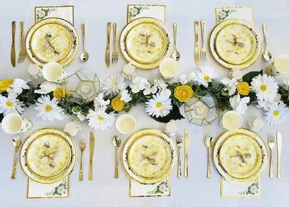 Bumble Bee Tableware Party Decorations | Paper Plates, Napkins, Beverage Cups | Baby Shower Gender Reveal Neutral Supplies, Birthdays and Weddings, Honeycomb, Yellow Floral, Gold Foil, Serves 16