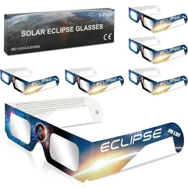 Solar Eclipse Glasses AAS Approved 2024,6 Pack Solar Eclipse Glasses for Direct Sun Viewing-ISO 12312-2:2015(E) & CE Certified(6 Pack)