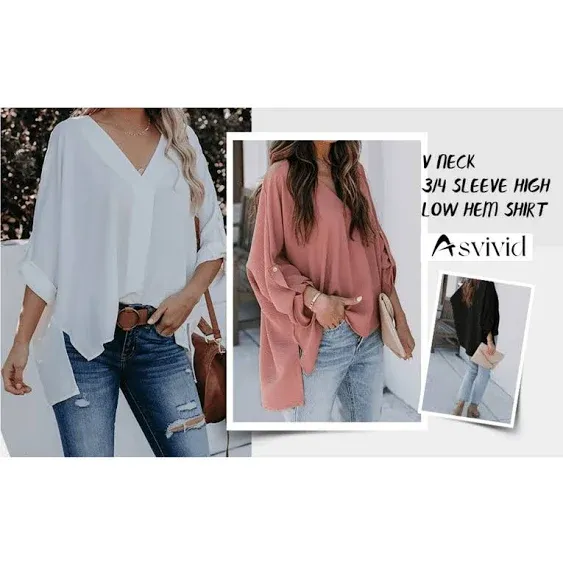 Asvivid Womens Casual 3/4 Bell Sleeve V Neck Chiffon Tops Solid Blouse Loose High ...