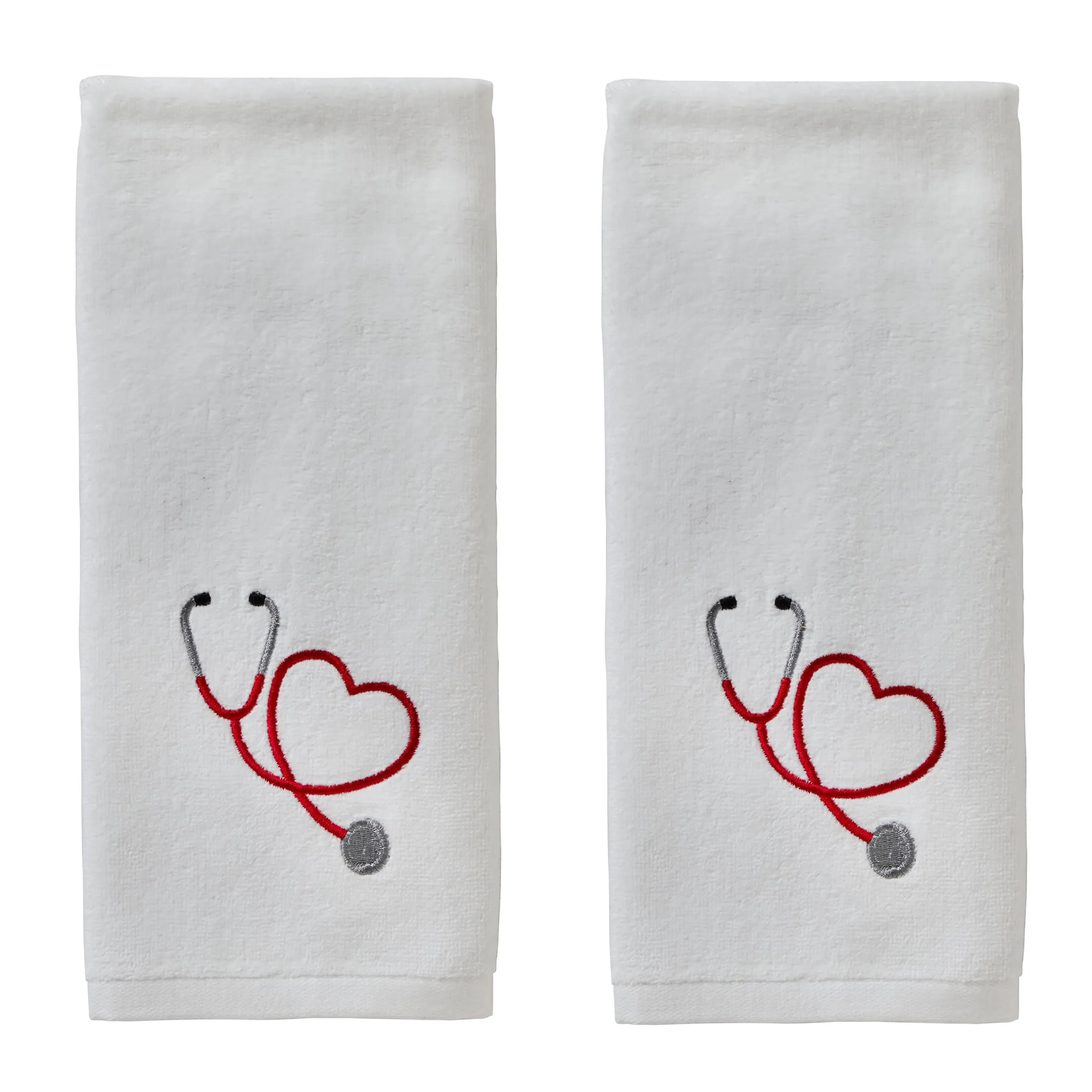 SKL Home Stethoscope Heart 2 Piece Hand Towel Set, White