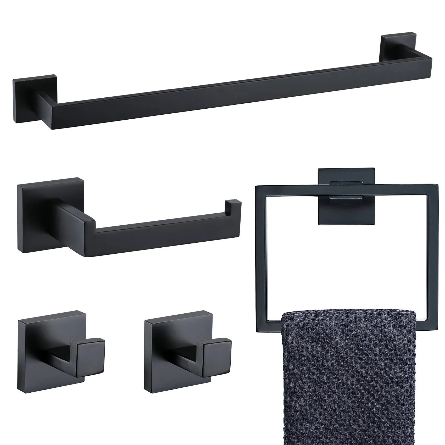 TNOMS 5 Pieces Bathroom Hardware Accessories Set Black Towel Bar Set Wall Mounted,Stainless Steel,23.6-Inch.