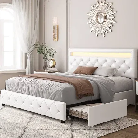 Keyluv Full Size Upholstered LED Bed Frame with 4 Storage Drawers and Adjustable Crystal Button Tufted Headboard, Platform Bed with Solid Wooden Slats Support, No Box Spring Needed, White