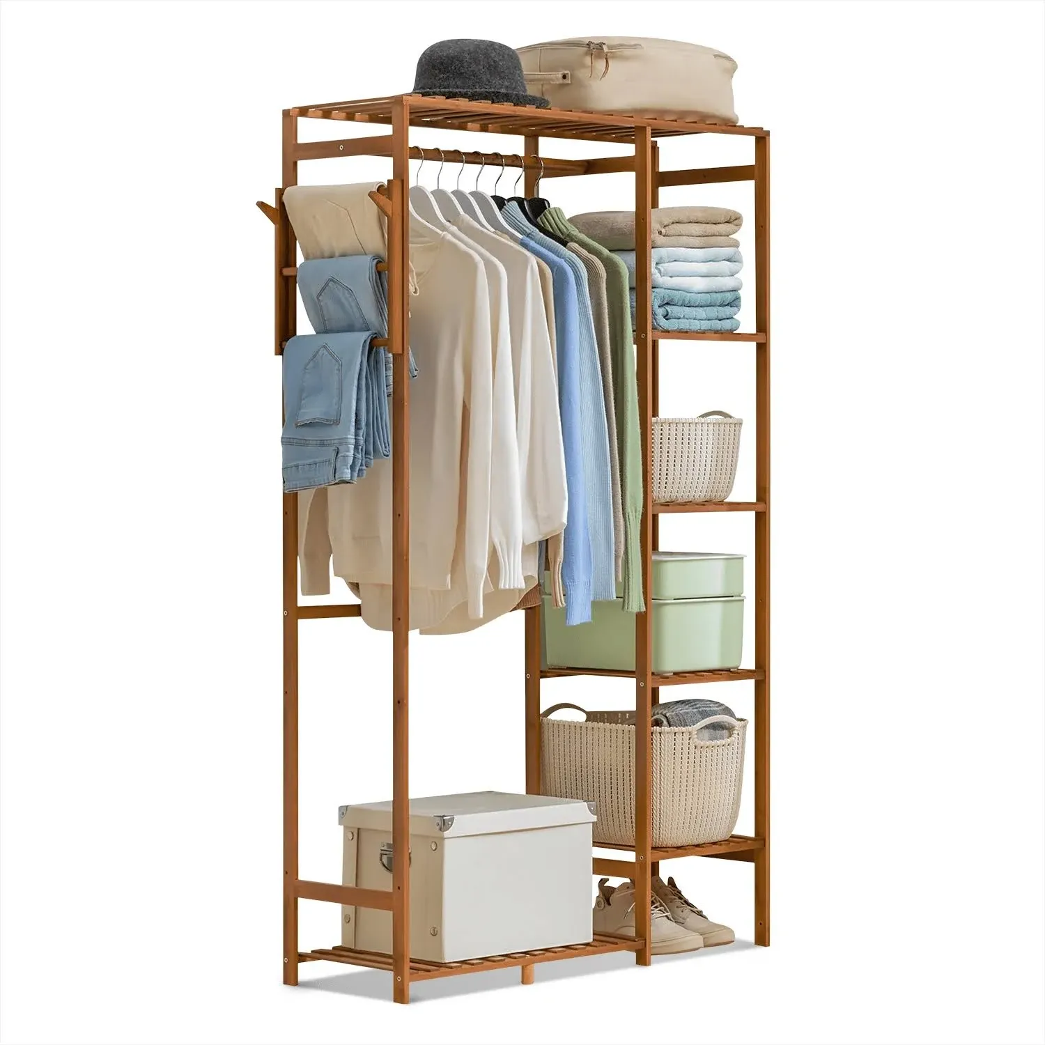 Magshion Bamboo Clothes Rack with 6 Tier Storage Shelves, Lightweight Garment Organizer Portable Wardrobe Closet for Bedroom, Guest Room, Kids Baby, Entryway (Brown, 35.5 Inches)