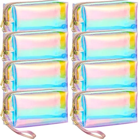 Dunzy 8 Pcs Holographic Clear Makeup Bags with Zipper Travel Cosmetic Bag Iridescent Makeup Pouches with Wrist Loop Waterproof Toiletry Organizer Case Home Office Purse Diaper Bag Vacation Gift(M)