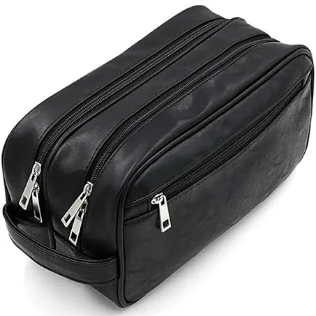 Unisex Outer Zipper Compartment Genuine Leather Black Toiletry Bag by SCIN