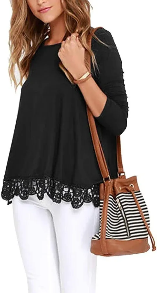 QIXING Women Tops Lace Trim O Neck A Line Tunic Blouse