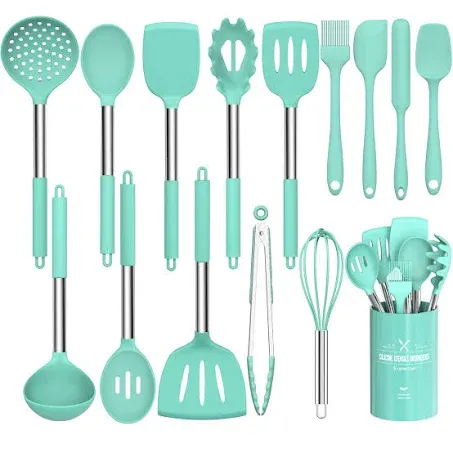 Silicone Cooking Utensil Set, Umite Chef 15pcs Silicone Cooking Kitchen Utensils Set, Non-stick - Best Kitchen Cookware with Stainless Steel Handle - Green