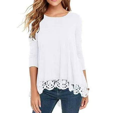 Jwd Women's Tops Long Sleeve Lace Trim O-Neck A Line Tunic Blouse White-X-Large