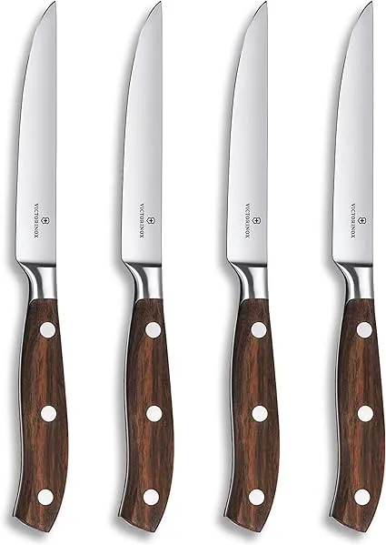 Victorinox Grand Maître Steak Knife Set, 4 pcs., Extra Sharp Blade, Straight Edge, 12 cm, Wooden Handle, Stainless Steel, Brown