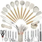 Kitchen Utensils Set- 35 PCs Cooking Utensils with Grater,Tongs, Spoon Spatula &Turner Made of Heat Resistant Food Grade Silicone and Wooden Handles Kitchen Gadgets Tools Set for Nonstick Cookware