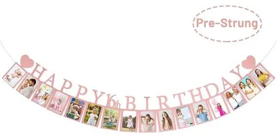 Sweet 16 Birthday Decorations Photo Banner in Rose Gold Pre-assembled - Sweet 16 Banner WITH Sixteen Photo Card Frames Party Supplies - Happy 16th birthday decorations for girls with 16 Signs