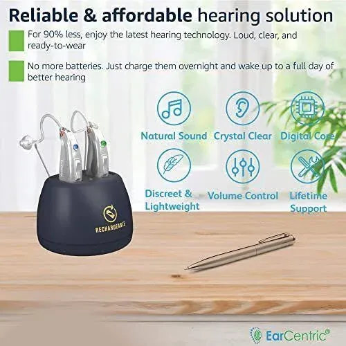  EarCentric EasyCharge Rechargeable Hearing Aids (Pair) for Seniors, Silver