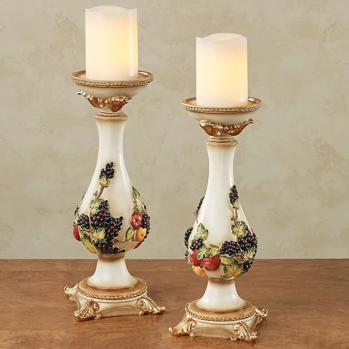 Fruitful Bounty Antique Beige Traditional Candle Holders Candlesticks Pair