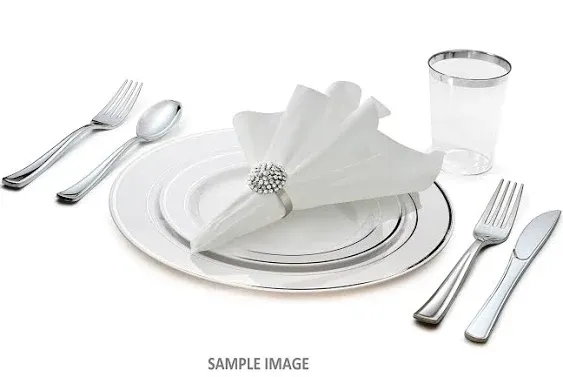 " OCCASIONS" 240 Plates Pack,(120 Guests) Heavyweight Premium Wedding Party Disposable Plastic Plates Set -120 x 10.5\'\' Dinner + 120 x 7.5\'\' Salad/Dessert (White & Silver Rim)