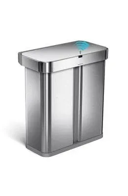 simplehuman 58L Voice and Motion Dual Compartment Rectangular Sensor Trash Can Brushed Stainless Steel