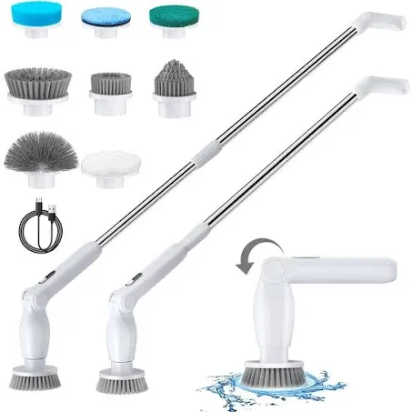 Leebein Electric Spin Scrubber, Cordless Cleaning Brush with 8 Replaceable Heads, Adjustable Extension Handle, 2 Speeds & Remote Control, Power for