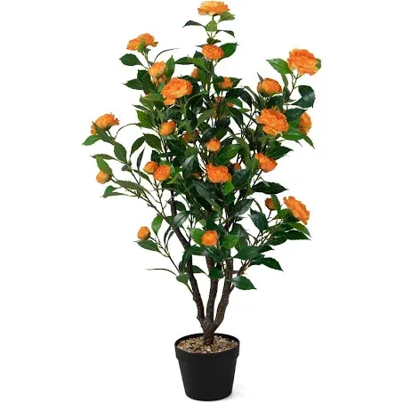 Goplus 40” Artificial Camellia Tree, Flower Plants Artificial Tree, Faux Floral Plant Blooming Tree in Cement Pot, Greenery Potted Plant for Indoor Outdoor Office Home Porch Decor, Free Maintenance