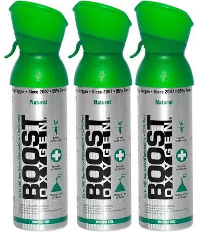 Boost Oxygen 5 Liter Natural Pure Canned Supplemental Oxygen Bottle with Built in Mouthpiece for High Altitudes and Recovery, Natural Flavor (3 Pack), Flavorless, 3.0 Count