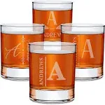 On The Rox Drinks Personalized Whiskey, Bourbon Glass Gifts for Men - 11 oz Engraved Name Monogram Scotch Glass Set of 4 - Customized Cocktail,