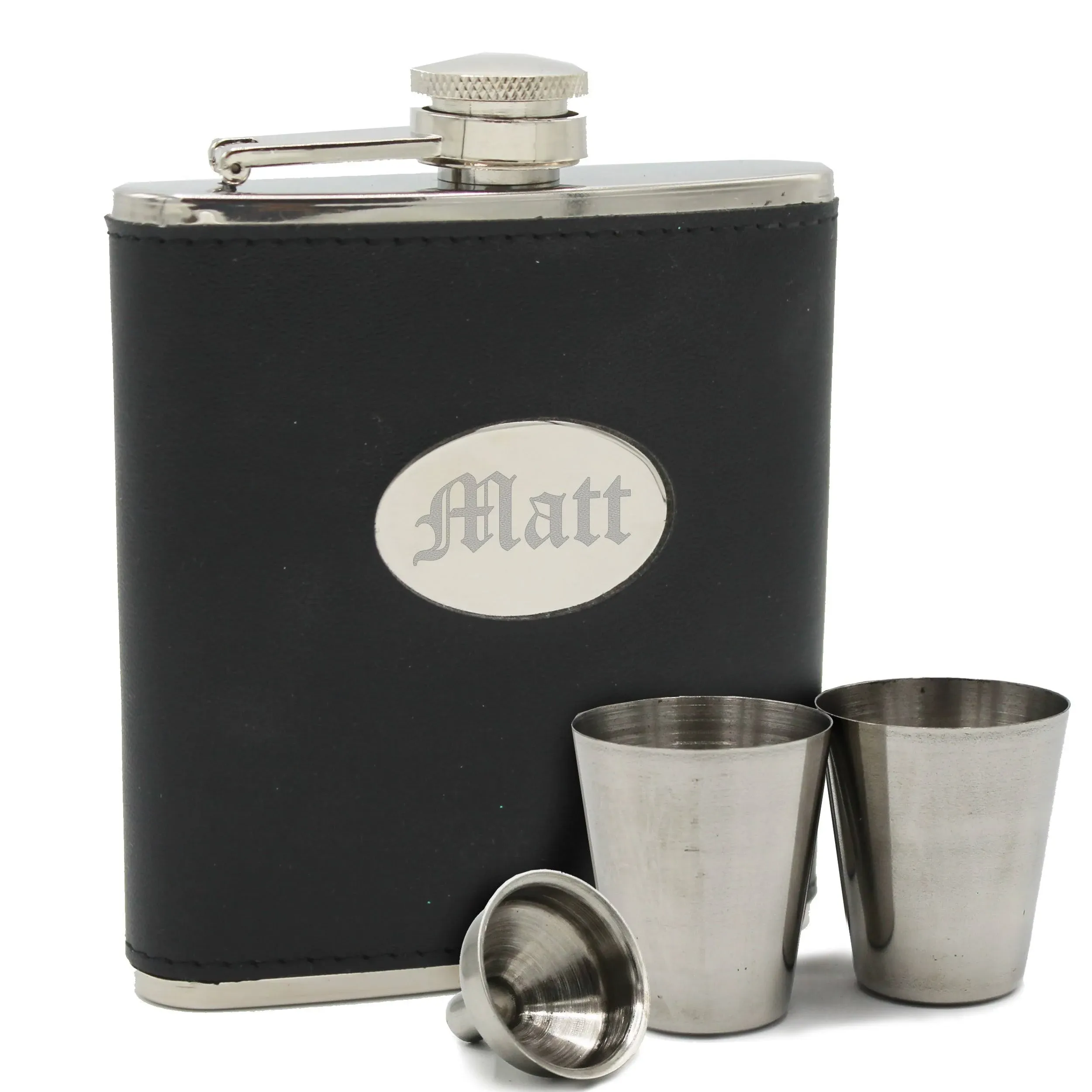 Personalized Black Leather Flask Set - Groomsman gift, Best man gift