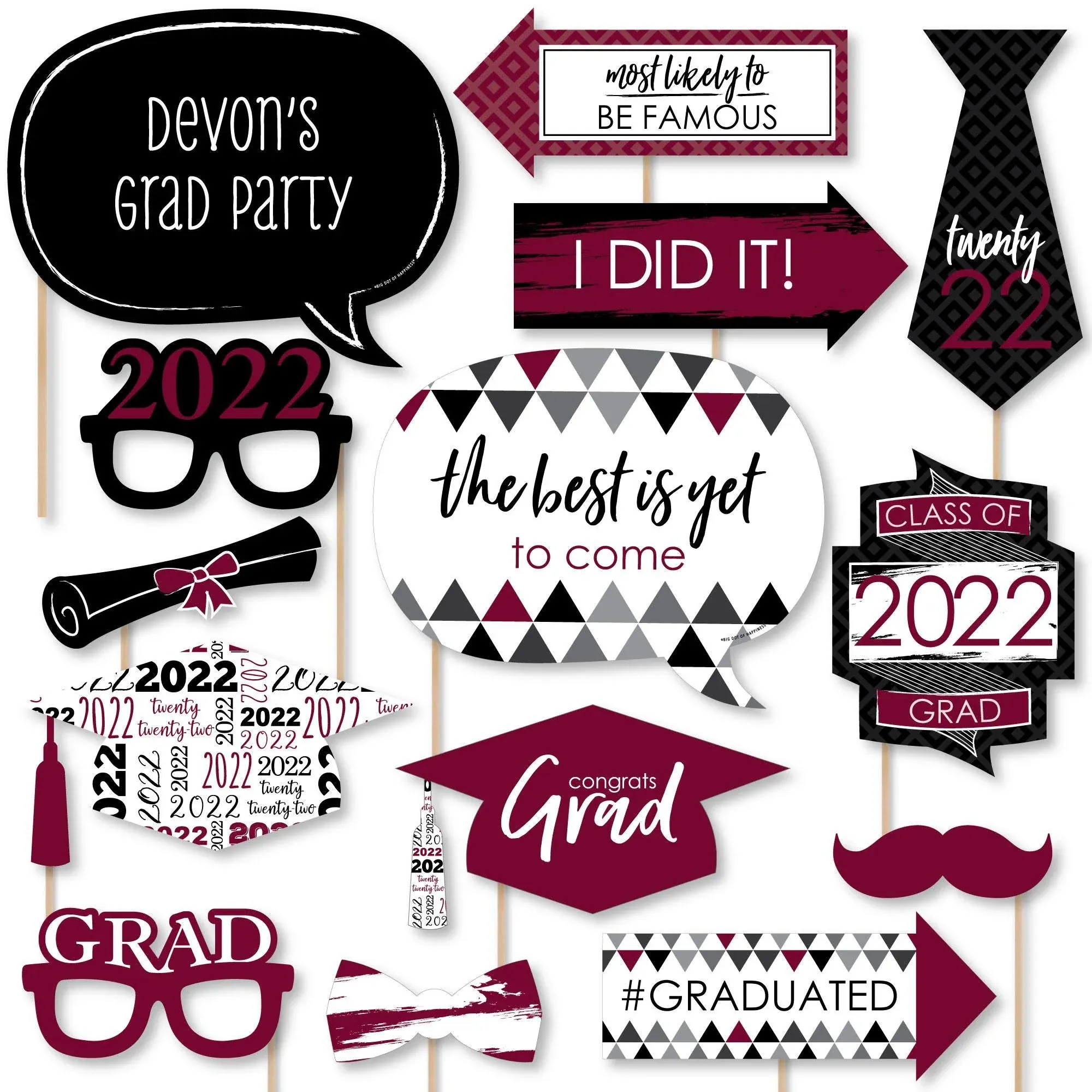 Big Dot of Happiness Maroon Grad - Best Is Yet to Come - Burgundy 2022 Graduation Party Photo Booth Props Kit - 20 Count