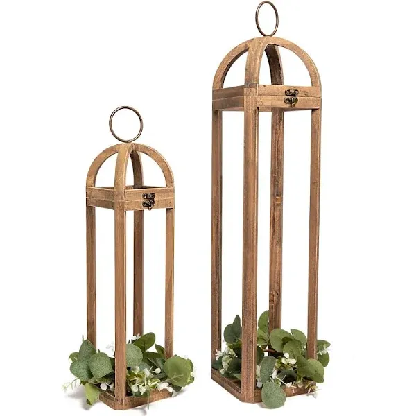 HPC Decor Large Rustic Farmhouse Lantern Decor Set of 2, Tall 30“ Vintage Wooden Lanterns, Modern Candle Lanterns Decorative w/Light String and Garland for Home, Indoor,Outdoor,Fireplace Mantle Decor