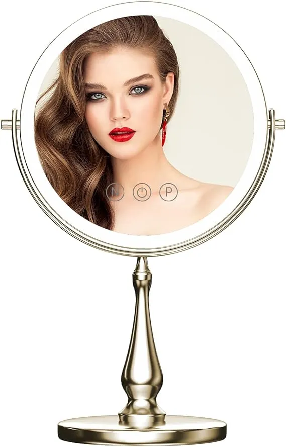 9" Large Vanity Mirror with Lights, 1X/10X Magnifying Makeup Mirror with Lighting, 3 Colors Brightness Adjustable, 360°Rotation Double Sided Standing Desk Mirror Brush Nickle