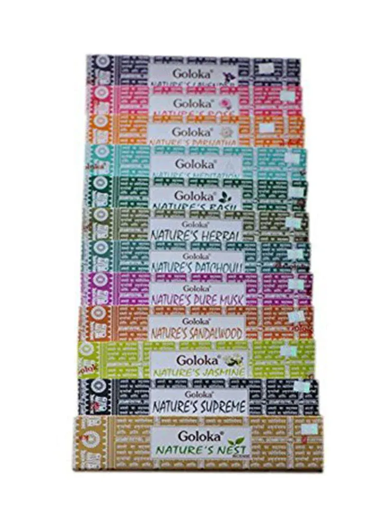 GOLOKA Set of 12 Nature's Nest, Lavender, Rose, Meditation, Parijatha, Basil, Patchouli, Sandalwood, Jasmine, Herbal, Pure Musk, Supreme Incense Sticks