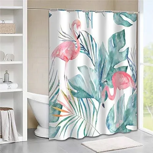 Tititex Tropical Pink Flamingo Shower Curtain with Hooks, Teal Palm Leaves Modern ...