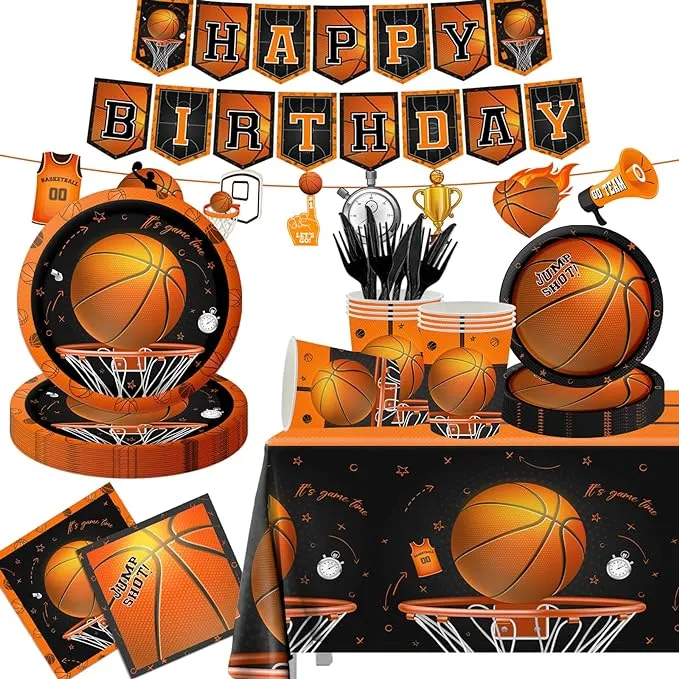 Basketball Party Supplies, 142Pcs Basketball Sports Theme Birthday Party Supplies Tableware Set,Include Basketball Plates and Napkins,Cups,Banner,Tablecloth for Basketball Birthday Decorations