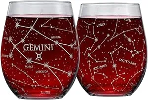 Gemini Stemless Wine Glasses Zodiac Gemini Set Hand Etched 15 Oz set Of 2 Astr