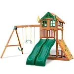 Gorilla Playsets Avalon Swing Set with Wood Roof, Dual Slides and Climbing Rock Wall, Amber