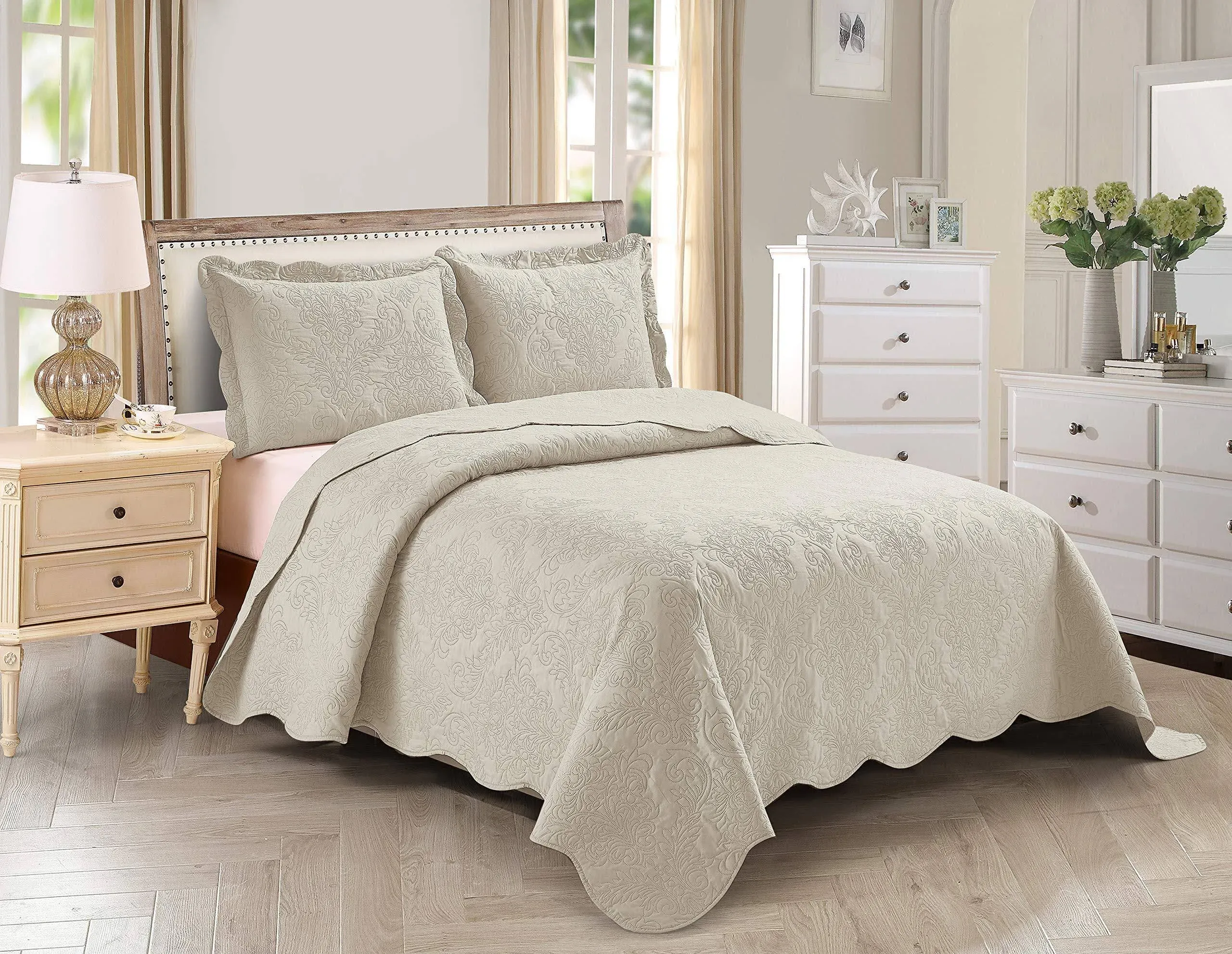 Home Collection Over Size Elegant Embossed Bedspread Set Light Weight Solid Color New (Beige, Twin/Twin XL)