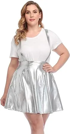 HDE Plus Size Shiny Metallic Suspender Skirt High Waisted Holographic Rave Skirt