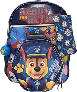 Paw Patrol 5 Piece Ready for Action Backpack Set for Boys & Girls, Chase, Marshall, Rubble, & Skye Kids School Bag with Front Zip Pocket, Blue