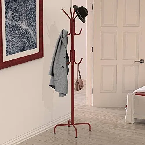 Simple Houseware Standing Coat and Hat Hanger Organizer Rack, 12 Hooks Red