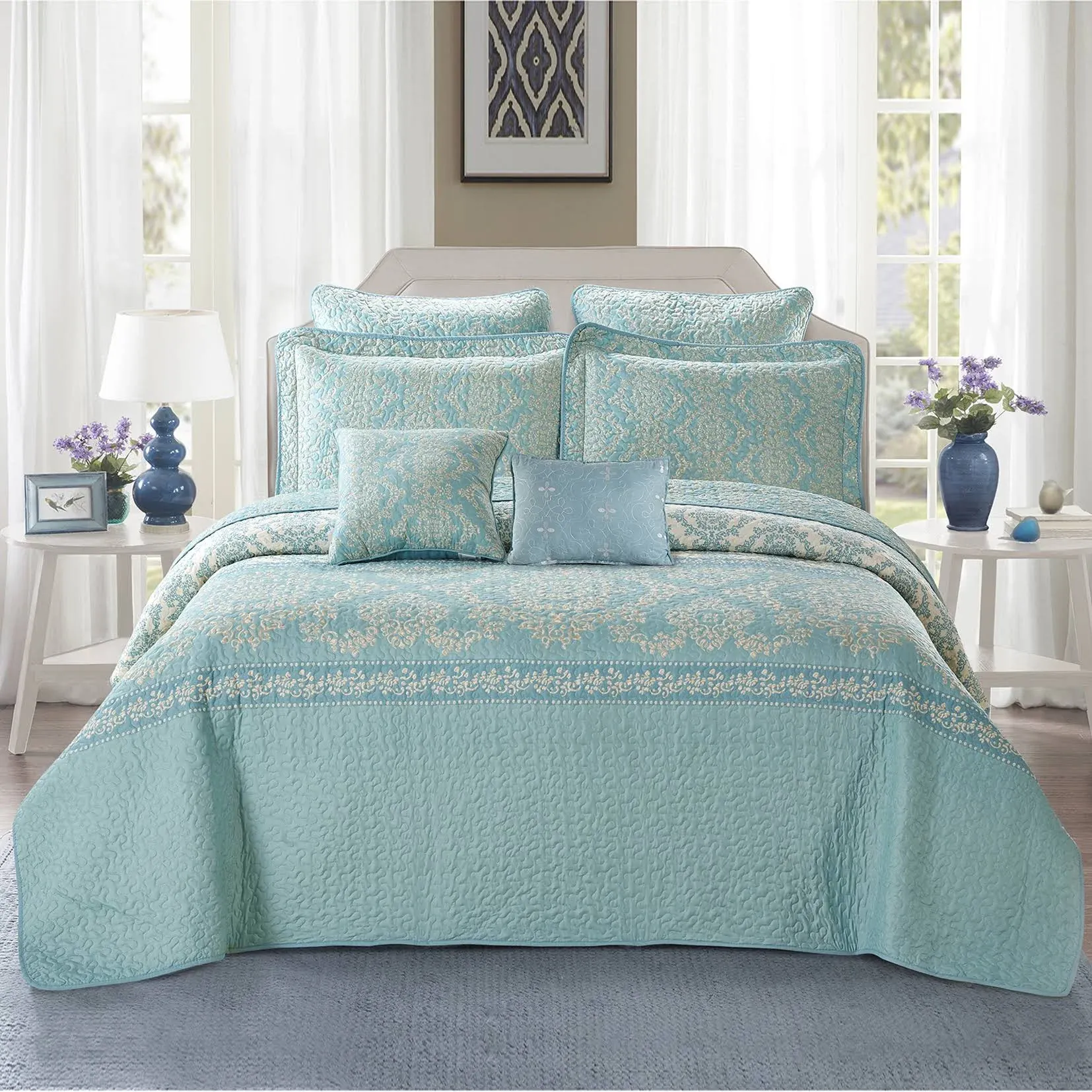 Serenta Mystic Printed Reversible 7-Piece Bedspread Coverlet Set - Teal/Turquoise - Queen