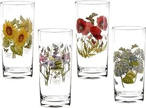 Portmeirion Botanic Garden 15oz Highball Tall Glasses - Set of 4 | Assorted Motifs | Chip-Resistant Glaze | Ideal for Home Bar, Weddings, Special Occasions