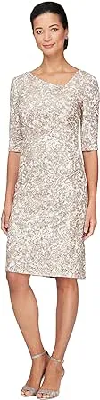 Alex Evenings Women&#x27;s L Neck Knee Length 3/4 Sleeve Sheath Dress Ivory