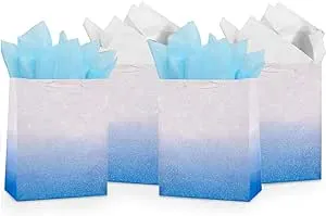 UNIQOOO 12pcs Ombre Blue Gift Bags Bulk w/ 24 Tissue Paper, 9 x 7 x 4 in ...